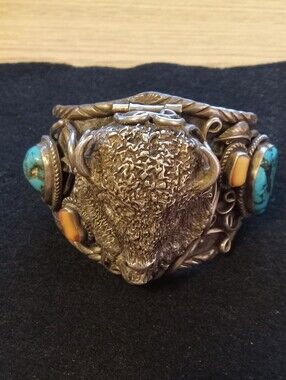 Sterling Silver Buffalo Cuff/watch Bracelet with Turquoise and Coral NAVAJO 1970
